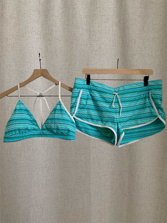 Athleta Other - Athleta Made in USA Turquoise & Aqua Wave Bikini Top Large and Swim Shorts XL